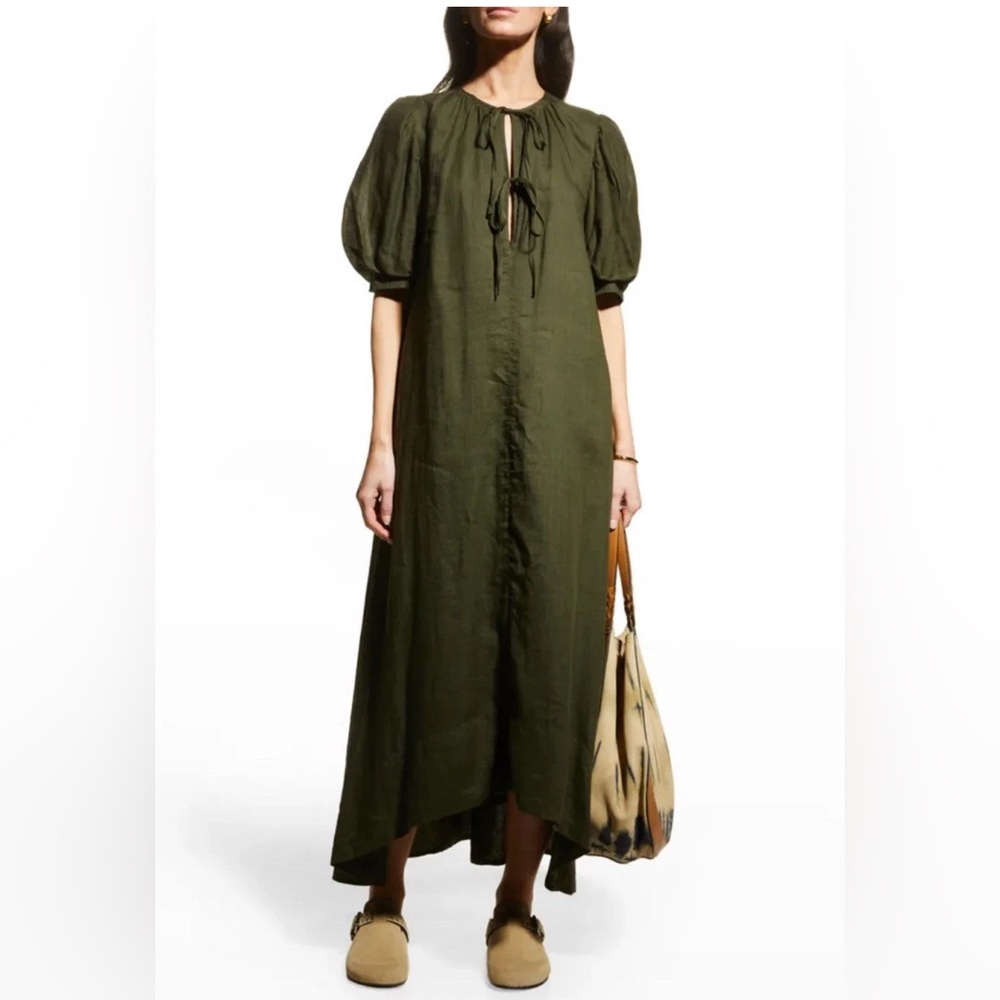 Frame - Tie Neck Maxi Dress in Fatigue Green size XL  Cotton